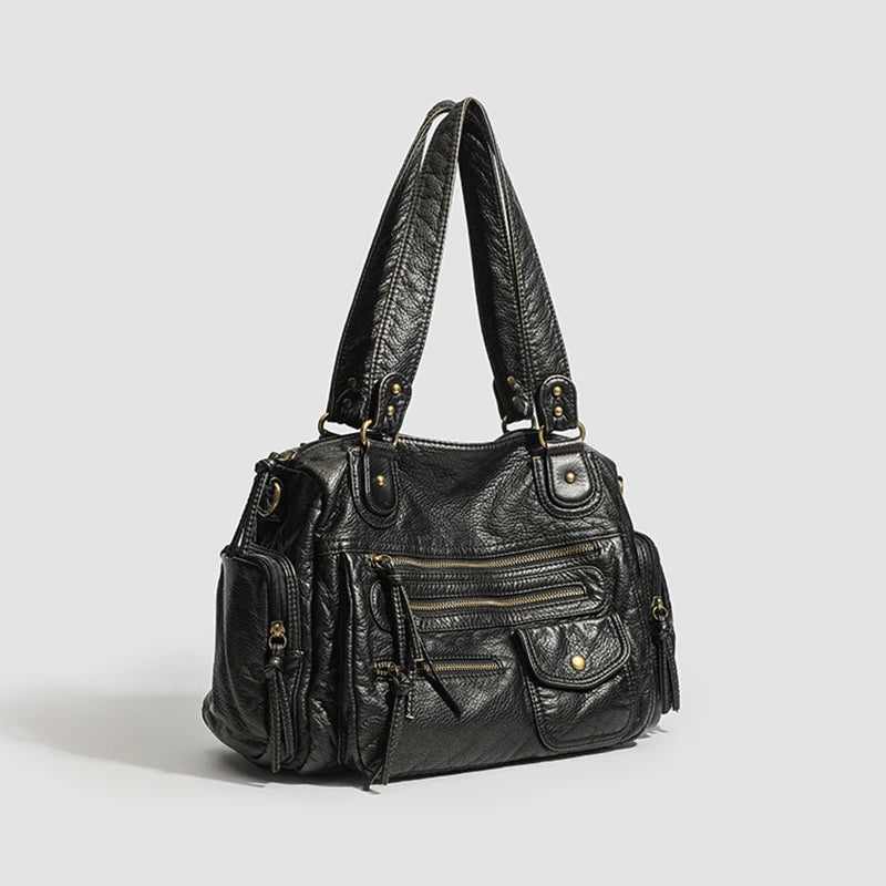 Bolso tote Punk Biker para mujer – Bolso grande de piel sintética y bandolera en estilo moto con bolsillos y múltiples bolsillos 