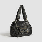 Bolso tote Punk Biker para mujer – Bolso grande de piel sintética y bandolera en estilo moto con bolsillos y múltiples bolsillos 