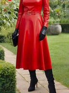 Elegantes PU-Leder Maxi-Kleid in Rot – Langarm Damenkleid mit Stehkragen, Gürtel & schlanker Passform für Frühling & Sommer