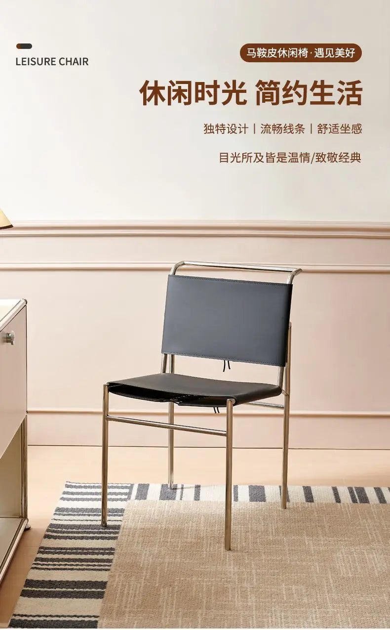 Minimalistischer Leder-Esszimmerstuhl im Vintage-Stil – Eleganter Designerstuhl mit Edelstahlrohr-Gestell für modernes Wohnen