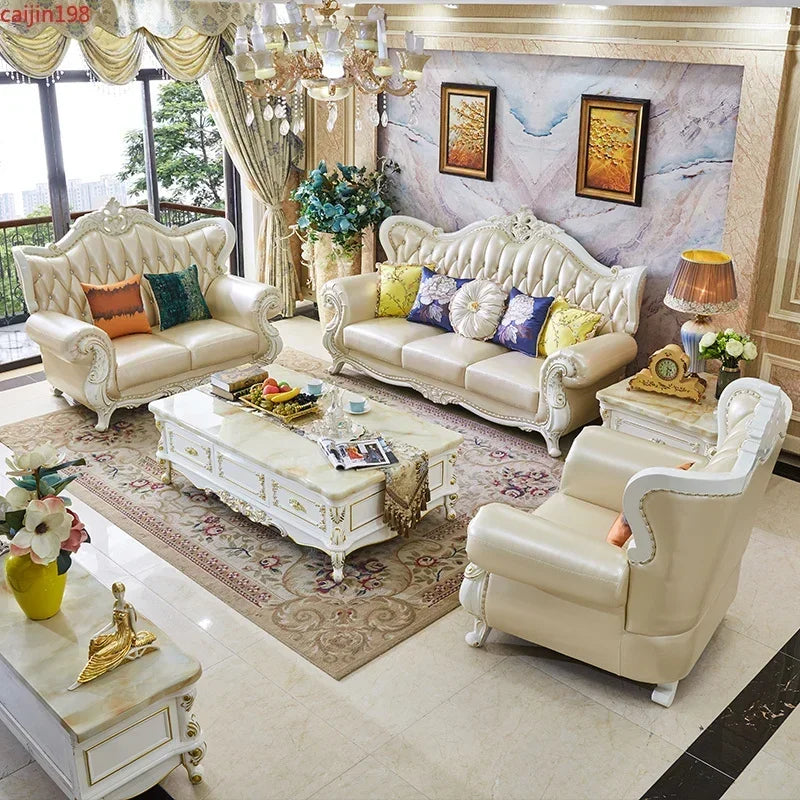 Europäisches Leder-Ecksofa aus Massivholz – Modulares L- oder U-Form Sofa im Retro-Modern-Stil für Wohnzimmer, Apartment & Villa