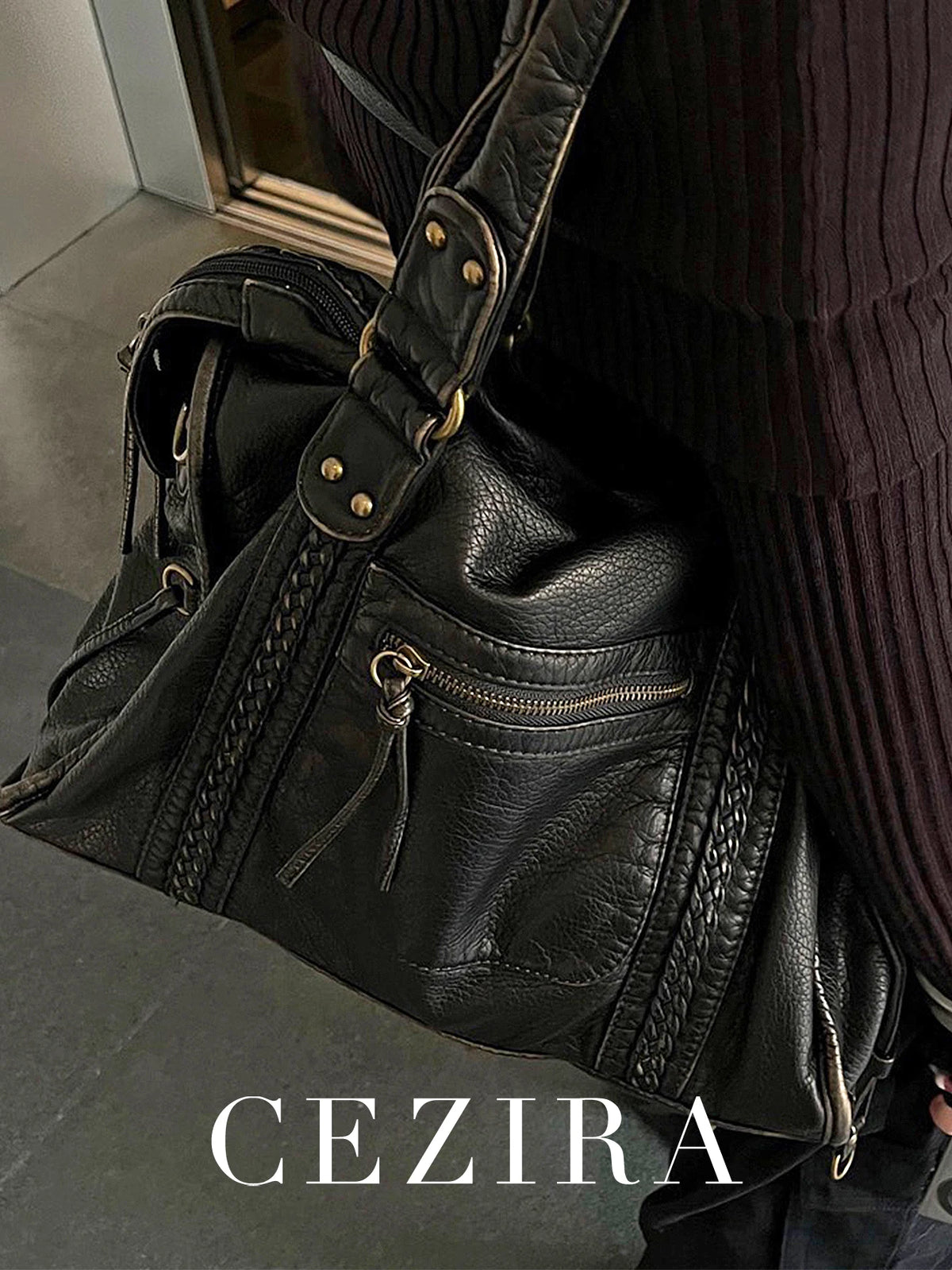 Vintage Tote Bag aus gewaschenem PU-Leder – Große Schulter- & Crossbody Tasche mit Zipperfächern, Flecht- & Quastendetails