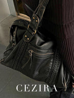 Vintage Tote Bag aus gewaschenem PU-Leder – Große Schulter- & Crossbody Tasche mit Zipperfächern, Flecht- & Quastendetails