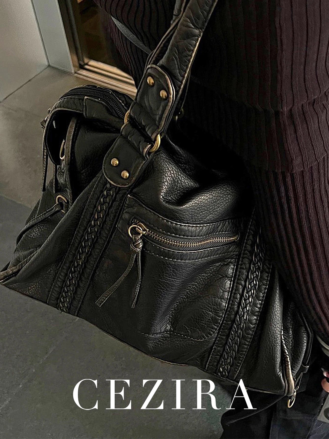 Vintage Tote Bag aus gewaschenem PU-Leder – Große Schulter- & Crossbody Tasche mit Zipperfächern, Flecht- & Quastendetails