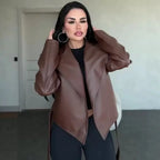 Damen Biker Kunstleder Jacke Herbst & Winter 2025 – Motorrad Lederoptik Mantel mit Gürtel, verstellbarer Taille & Taschen, cooler Casual Style