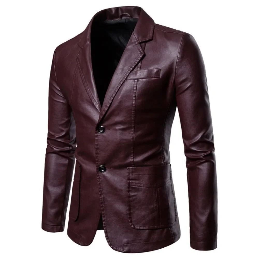 Herren Leder Sakko mit Revers – Business Casual PU-Blazer im eleganten Look für Frühling & Herbst 2024
