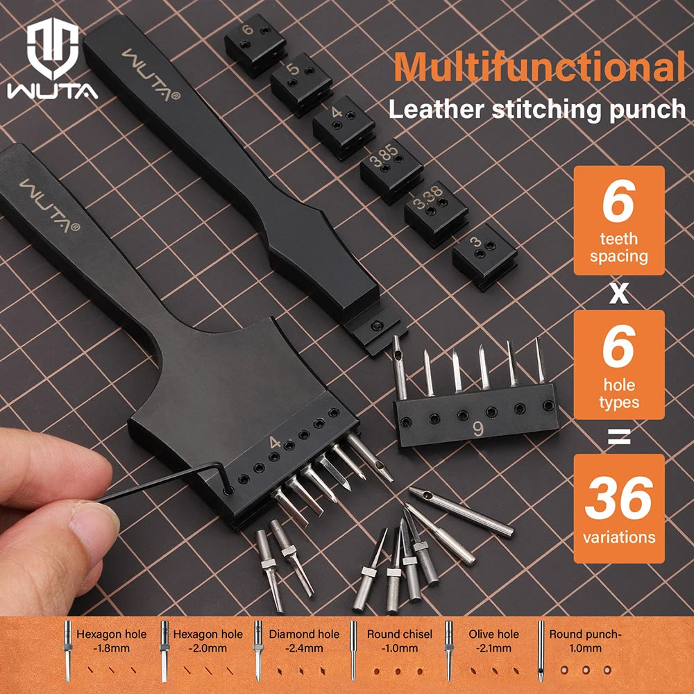 WUTA Multifunktionaler Leder Lochstanzer – Austauschbares Stich- & Lochwerkzeug mit Rund-, Diamant-, Oliven- & French-Style Köpfen