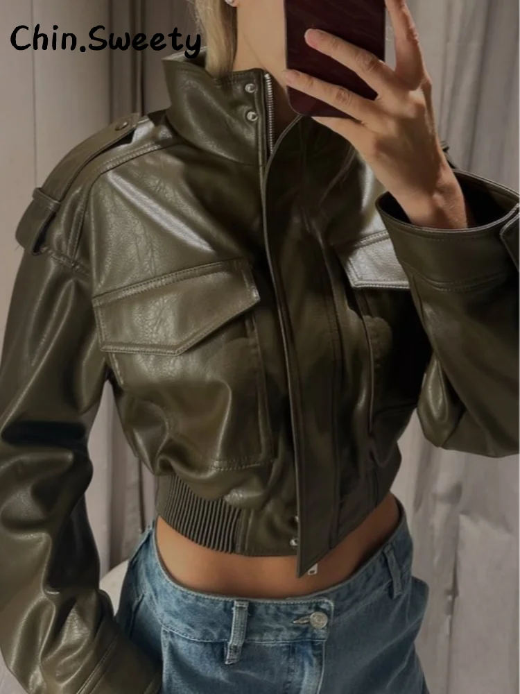 Damen Cropped Kunstleder Jacke Vintage Streetwear 2025 – Kurze High-Street Lederoptik Jacke mit Taschen & Reißverschluss, Herbst/Winter Outwear