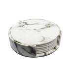 6er Set hitzebeständige PU Leder Untersetzer in Marmor-Optik – Runde Kaffee- & Teeunterlagen in Schwarz/Weiß, pflegeleicht & modern