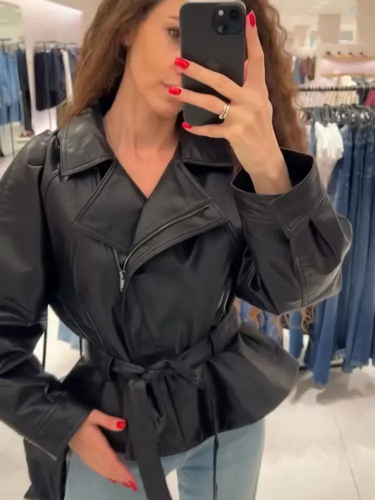 HH Damen Schwarzer PU Leder Kurz-Trenchcoat – Vintage Kunstlederjacke mit Gürtel, elegante Motorradjacke für Herbst & Winter