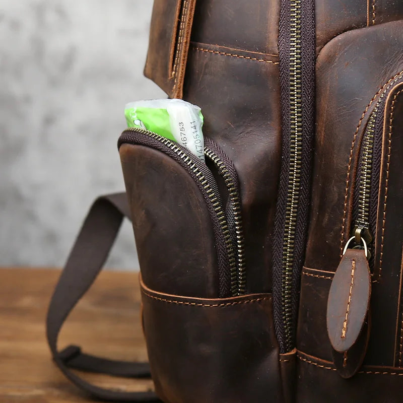 NZPJ Retro Herren Leder Rucksack aus echtem Rindsleder – Großer Vintage Laptop- & Reiserucksack aus Crazy Horse Leder