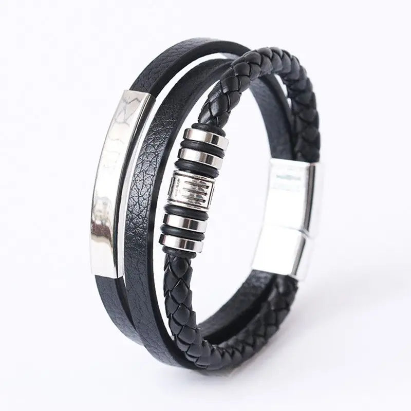 Herren Lederarmband mit Edelstahl & geflochtenem Design – Mehrlagiges Vintage Armband 21 cm für stilbewusste Männer
