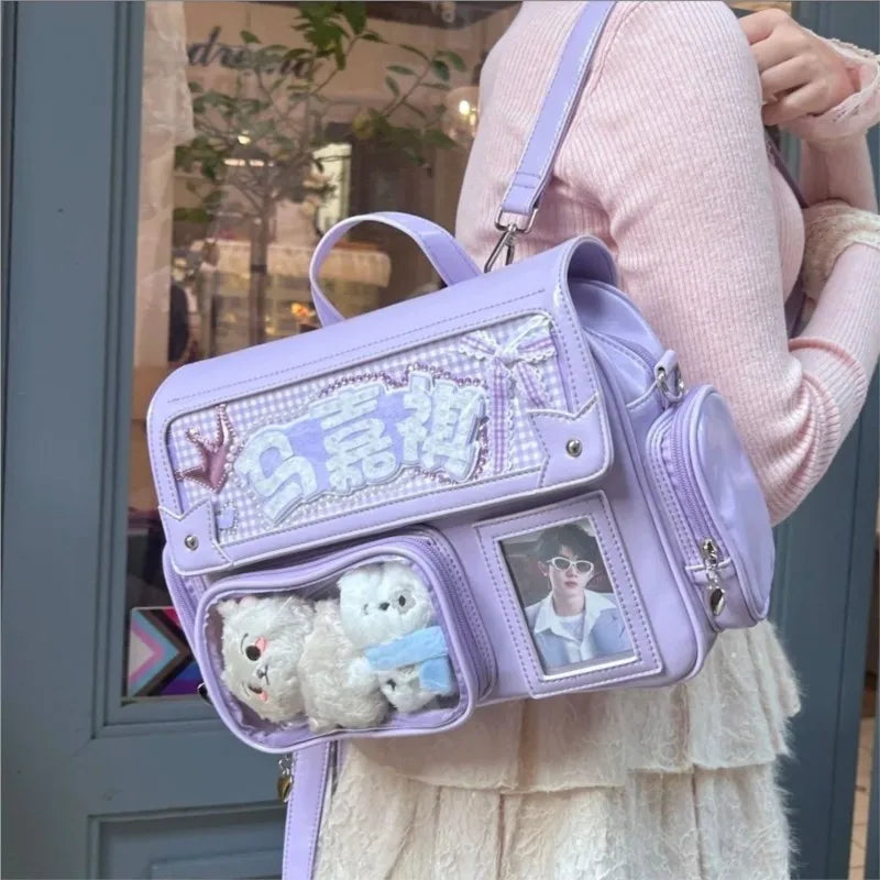 Japanischer Y2K Damen Rucksack – Quadratischer Vintage Ita Backpack im Harajuku-Stil mit Schloss & abnehmbarem Trageriemen