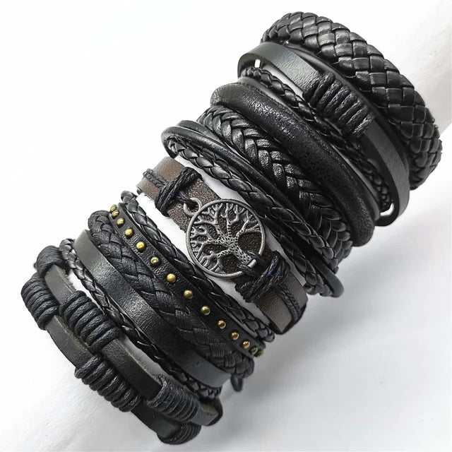 10er Set Lederarmbänder Unisex – Handgefertigte schwarze Wickelarmbänder im Casual & Sporty Style, größenverstellbar