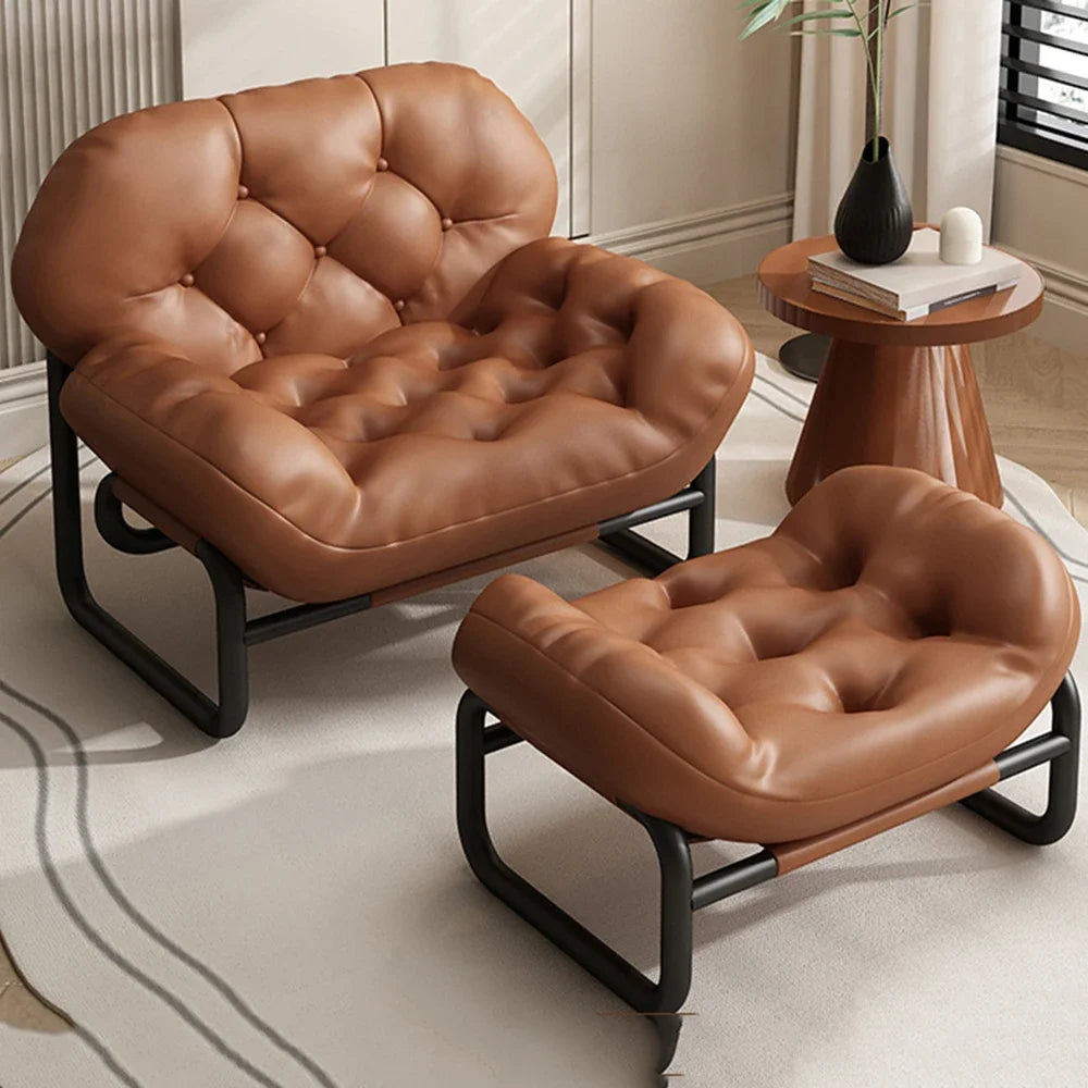 Moderner Leder-Relaxsessel mit Armlehnen & Fußhocker – Minimalistischer Single Sofa Chair in Weiß für Wohnzimmer, Balkon & Meditation