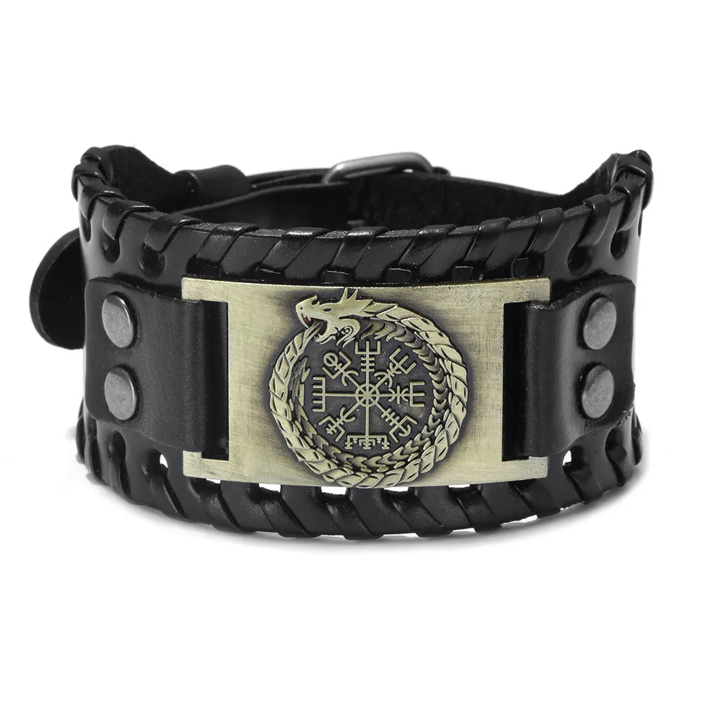 Totem Design Wide Leather Pirate Compass Bracelet Men's Bracelet Celtic Viking Jewelry Compass Bracelet Accessories Party Gifts