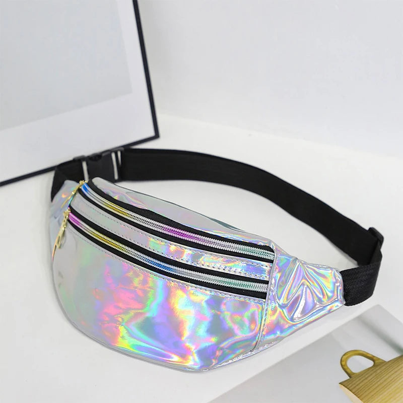 Riñonera de piel sintética para mujer y hombre, bandolera holográfica con láser, bandolera y bolso de pecho impermeable para deportes y etiquetas