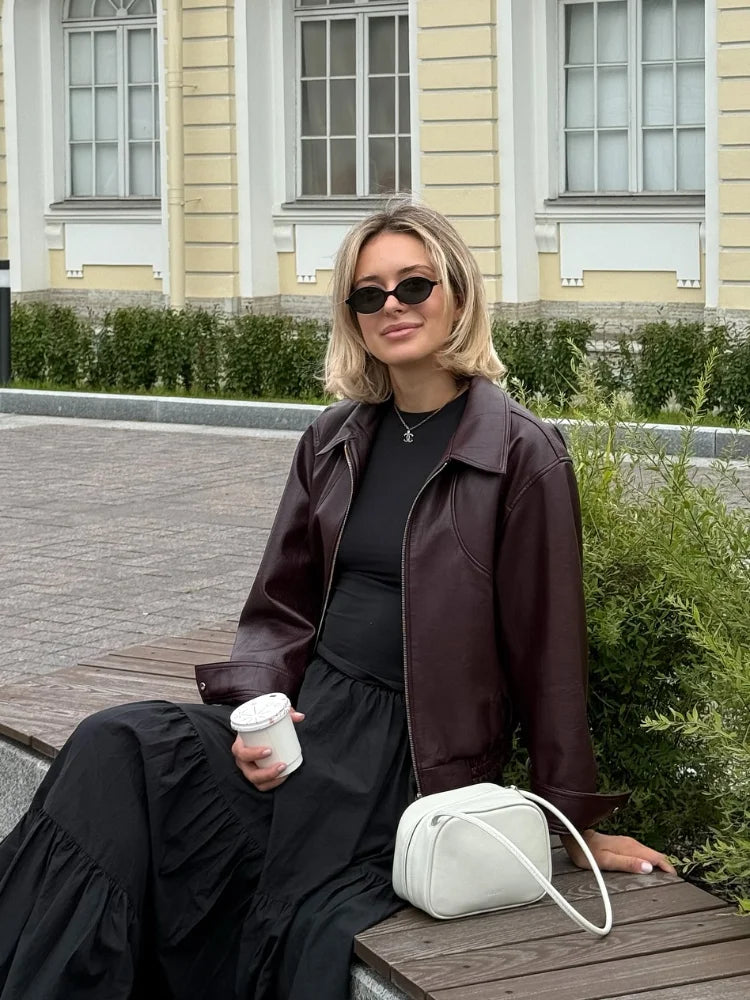 Damen Kurzlederjacke mit Revers – Retro Street Jacket mit Reißverschluss & Kapuze, Herbstmode 2025