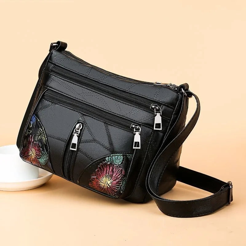Damen PU-Leder Crossbody Bag – Luxus Schultertasche mit Blumenmotiv, Multifach & Alltagstauglich