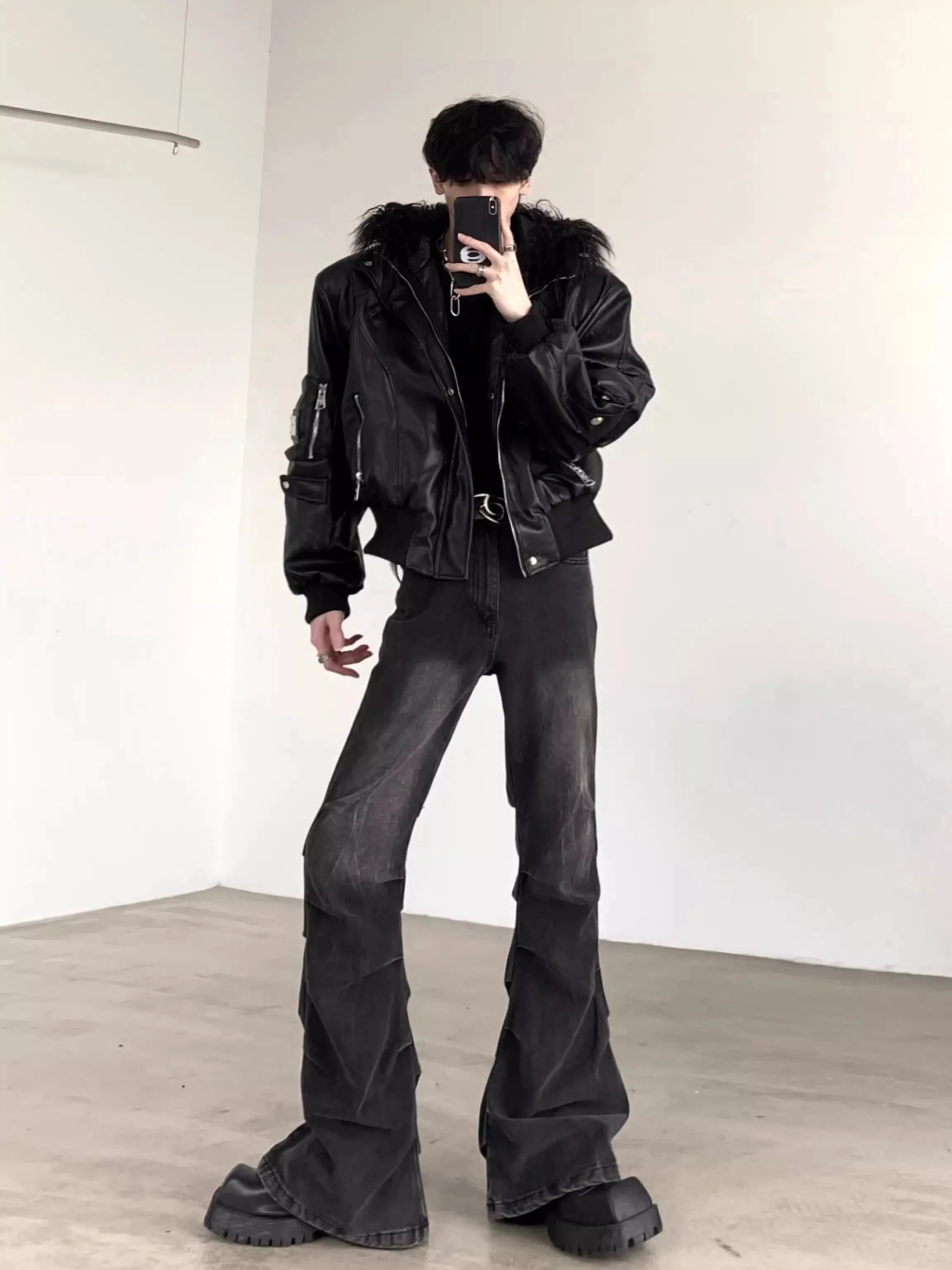 Herren PU-Lederjacke Oversized mit Kunstfell-Kapuze – Kurze schwarze Designer Jacke, warm & stylisch für Frühling und Herbst