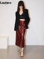 Lautaro Damen Midi Bleistiftrock aus glänzendem PU Leder – High-Waist Patent Lederrock, falda lápiz lujosa para oficina y hierbas/frutas