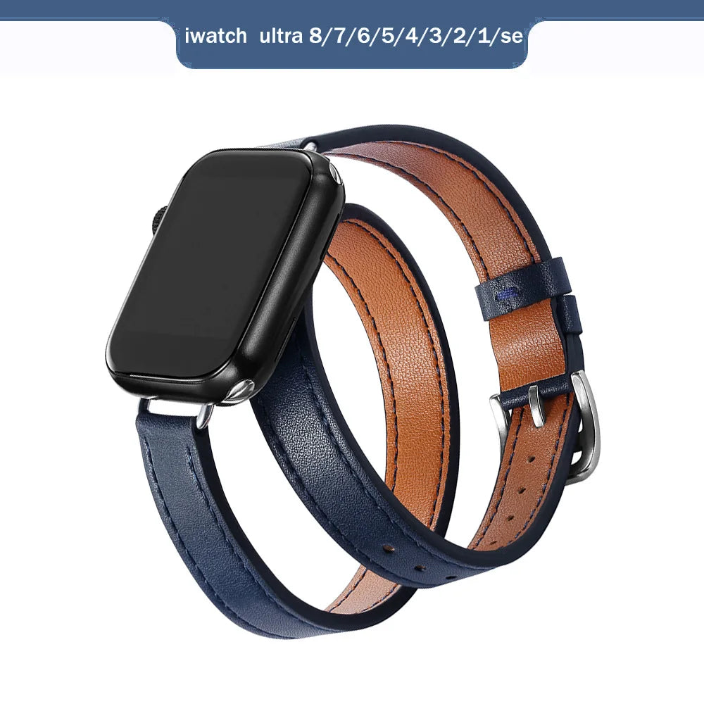 Brazalete de cuero de doble recorrido para Apple Watch Ultra y Series: brazalete de cuero premium para 49 mm, 45 mm, 44 mm, 42 mm, 41 mm, 40 mm y 38 mm 
