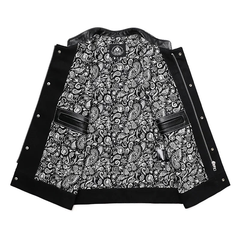 SOA Club Style Herren Biker Weste – Slim Fit Motorrad Weste mit Denim-Patchwork & Stickerei, Ärmellose Sons of Anarchy Style Waistcoat