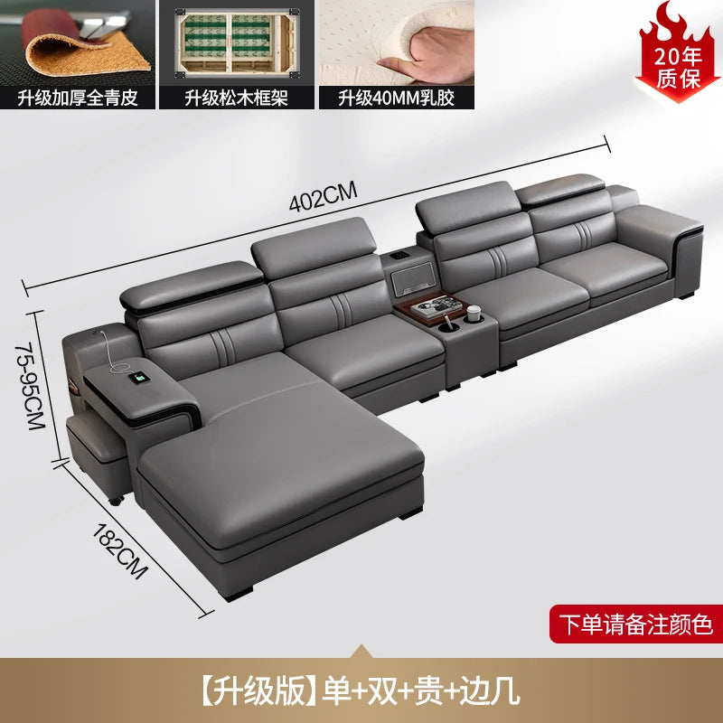 Smartes Leder-Ecksofa aus Rindsleder mit kabellosem Laden & Audio – Modernes Designer Sofa mit Massagefunktion und Stauraum