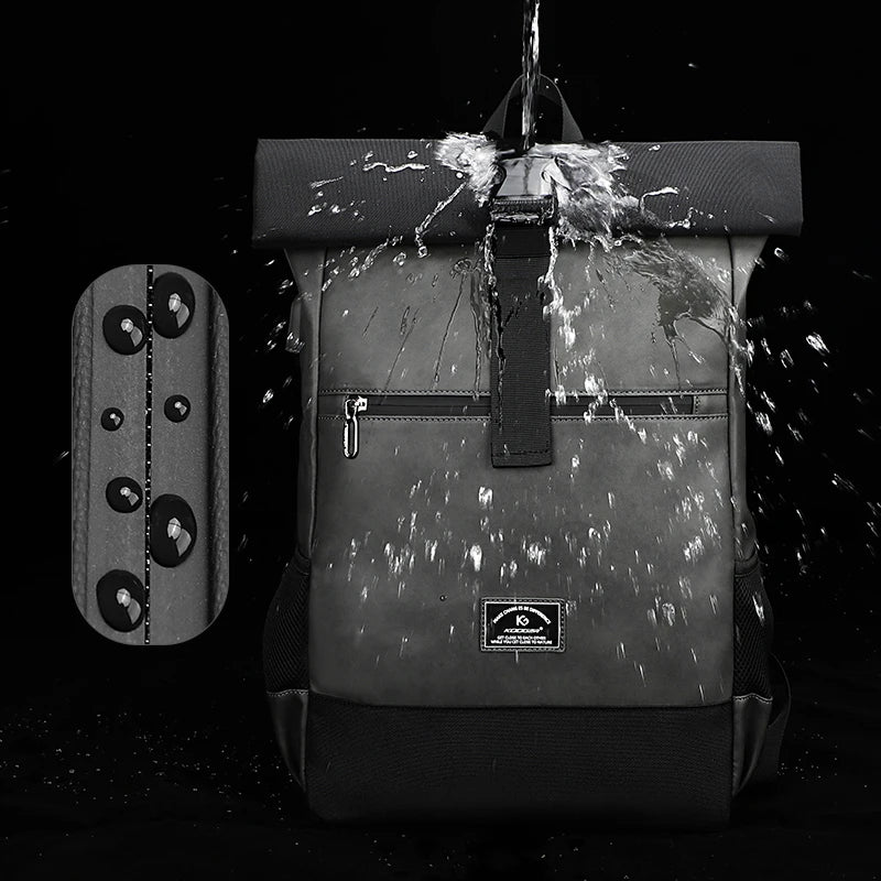 Rolltop Laptop Rucksack aus wasserfestem PU-Leder – Leichter Business & Reiserucksack mit USB-Funktion für Damen & Herren (15,6 Zoll)