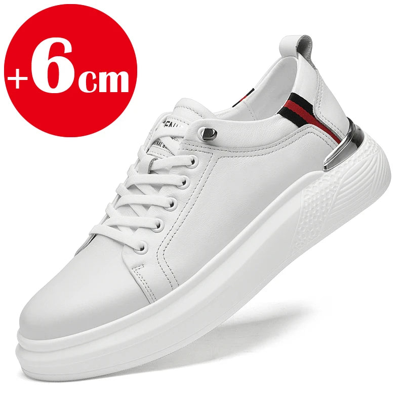 Hiyixgh Herren Lederschuhe mit Höhenaufbau – Weiße Sneaker mit 6–8 cm Elevator-Einlagen, sportlich & casual