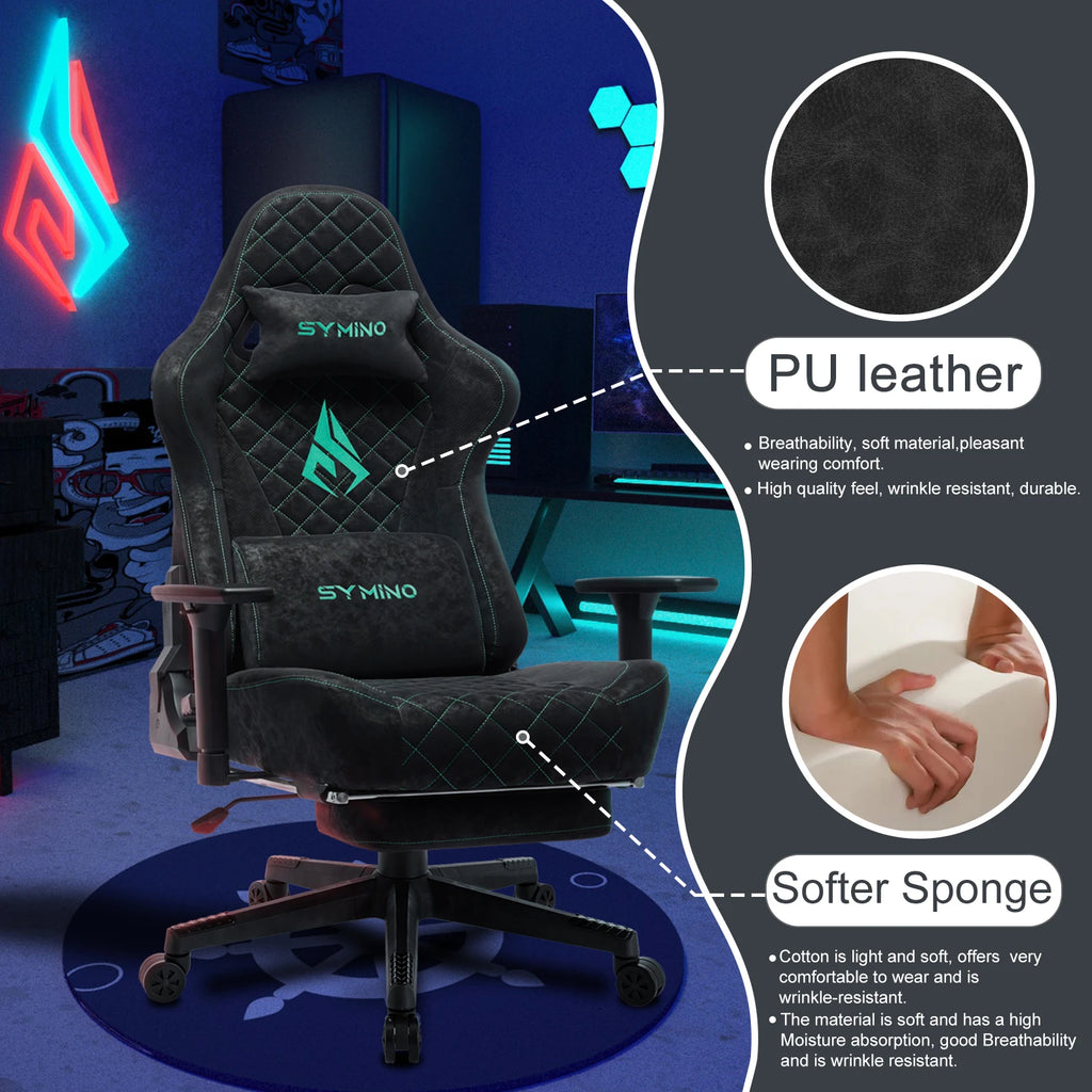 SYMINO Gaming Chair mit Fußstütze – Ergonomischer Racing Bürostuhl aus Vintage PU-Leder, drehbar & höhenverstellbar für Büro & Homeoffice