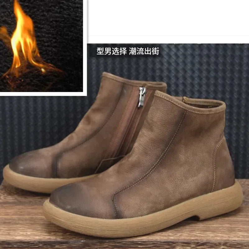 Handgefertigte Damen Stiefeletten aus echtem Leder – Warme Retro Ankle Boots mit Rundspitze & Reißverschluss (Größe 35–45)