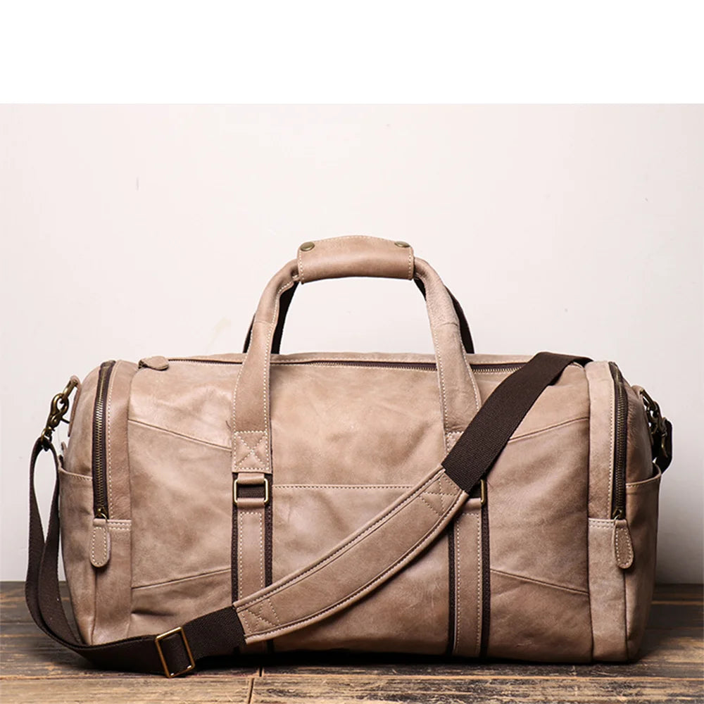 LUOKIR Retro Leder Reisetasche aus echtem Rindsleder – Grand sac de voyage en cuir de vache comme sac à main et bandoulière, sac de voyage et de week-end unisexe