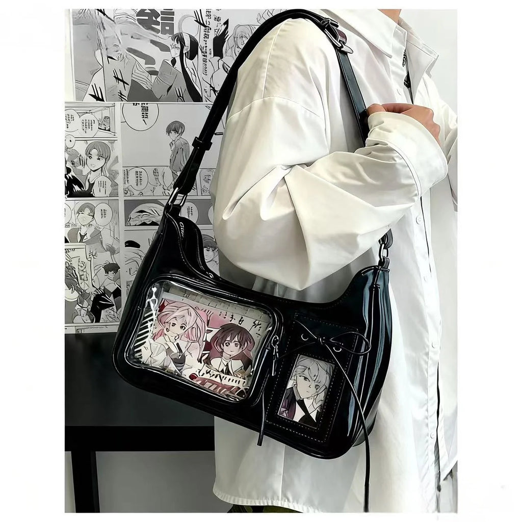 Y2K Harajuku Damen Schultertasche – Transparent Ita Bag im koreanisch-japanischen Preppy-Stil mit Schleife, Sac à main bandoulière