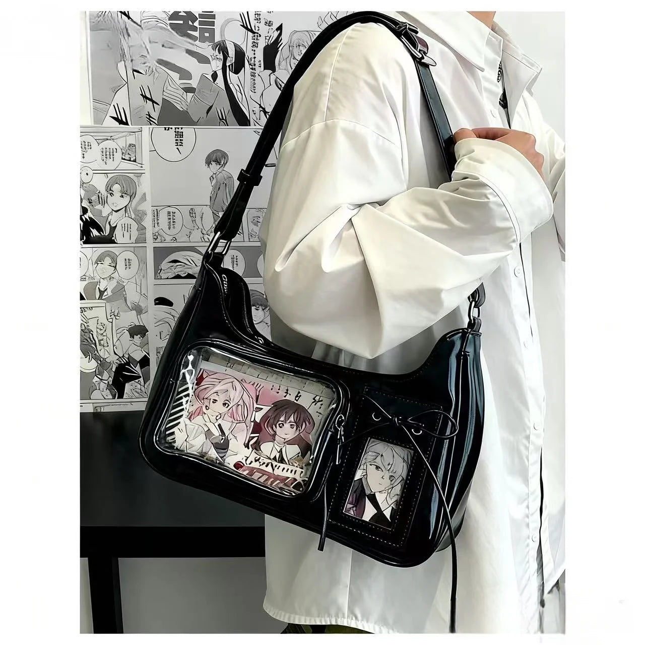 Y2K Harajuku Damen Schultertasche – Transparent Ita Bag im koreanisch-japanischen Preppy-Stil mit Schleife, Sac à main bandoulière
