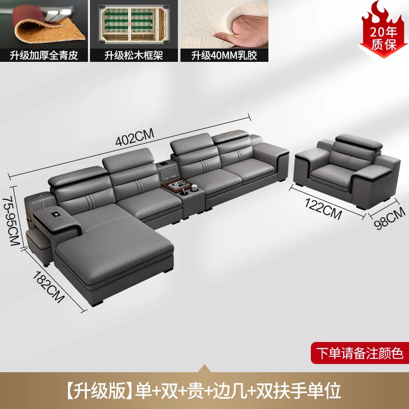 Smartes Leder-Ecksofa aus Rindsleder mit kabellosem Laden & Audio – Modernes Designer Sofa mit Massagefunktion und Stauraum