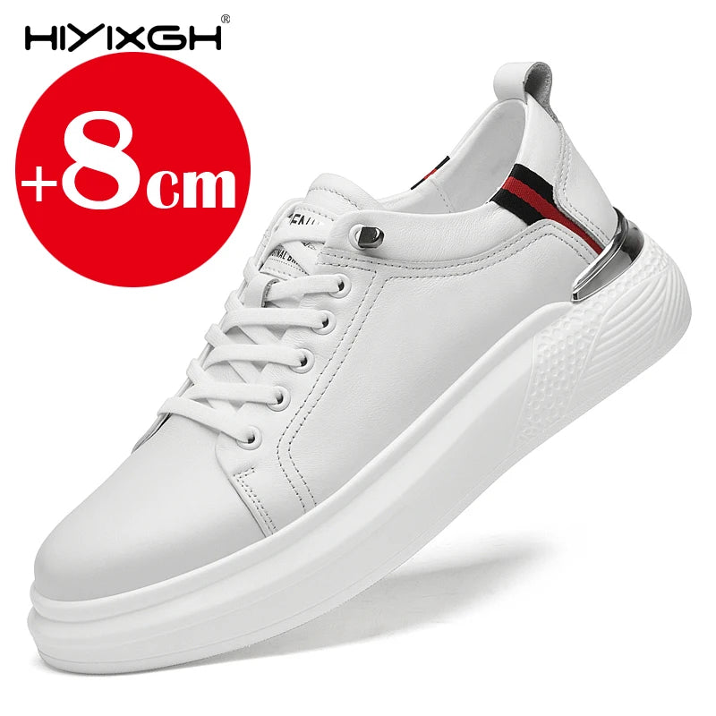Hiyixgh Herren Lederschuhe mit Höhenaufbau – Weiße Sneaker mit 6–8 cm Elevator-Einlagen, sportlich & casual