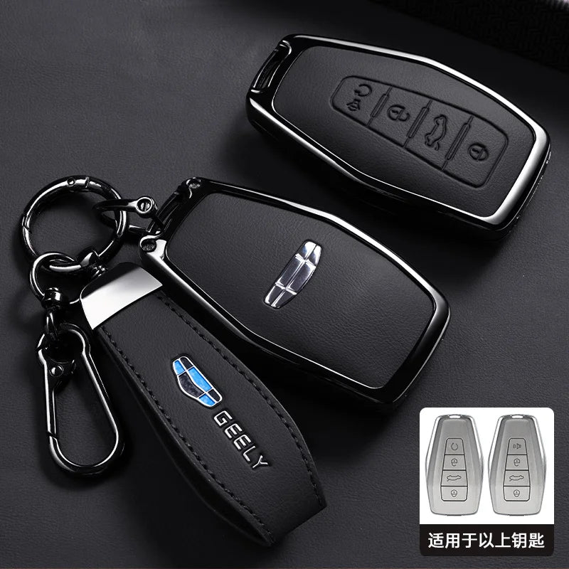 Zinklegierung & Leder Autoschlüssel Hülle mit Kette – Premium Key Case Cover für Geely & Proton Modelle