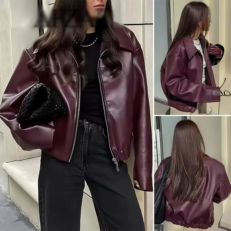 Damen Vintage Lederjacke Bordeaux Rot – Kurze Jacke im American Style mit Reißverschluss für Herbst &amp; Winter 2024 