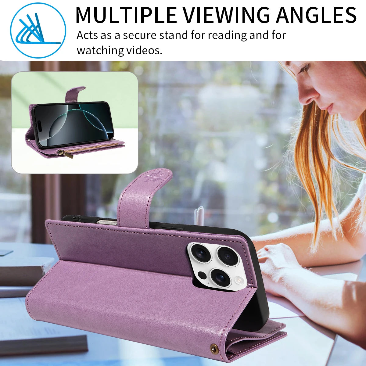 Multifunktionale Faux Leder Flip Wallet Hülle mit Reißverschluss für iPhone 11–16e – Kartenfach, Ständer & Rundumschutz