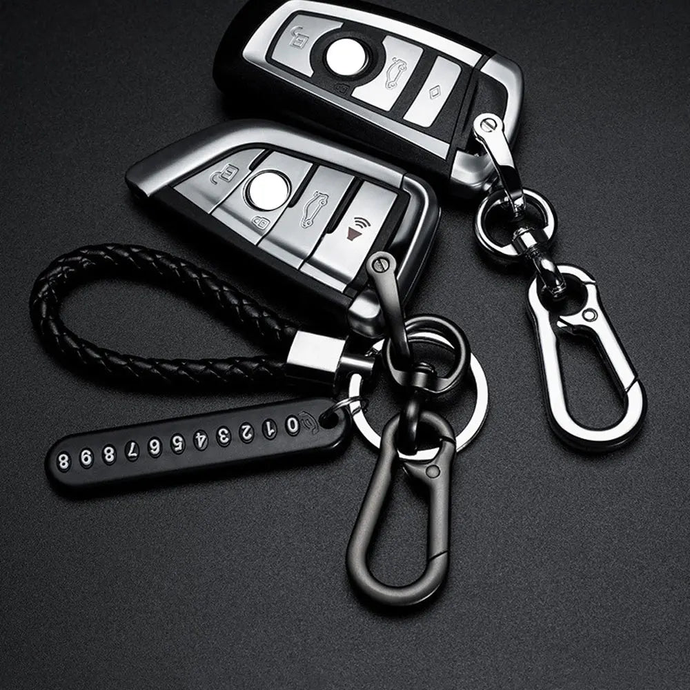 Trendiger DIY Leder-Schlüsselanhänger mit geflochtenem Seil – Anti-Verlust Keychain für Auto & Motorrad, schlichter Keyring mit Metallring in Schwarz