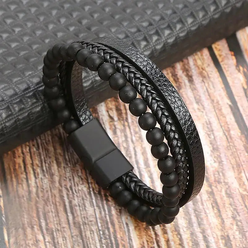Klassisches Herren Lederarmband – Handgeflochtenes Multi-Layer Armband mit Magnetverschluss im modernen Punk-Style