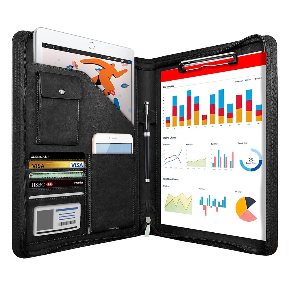 Multifunktionale A4 Konferenzmappe aus PU Leder – Business Dokumentenmappe mit Reißverschluss &amp; Organizer 