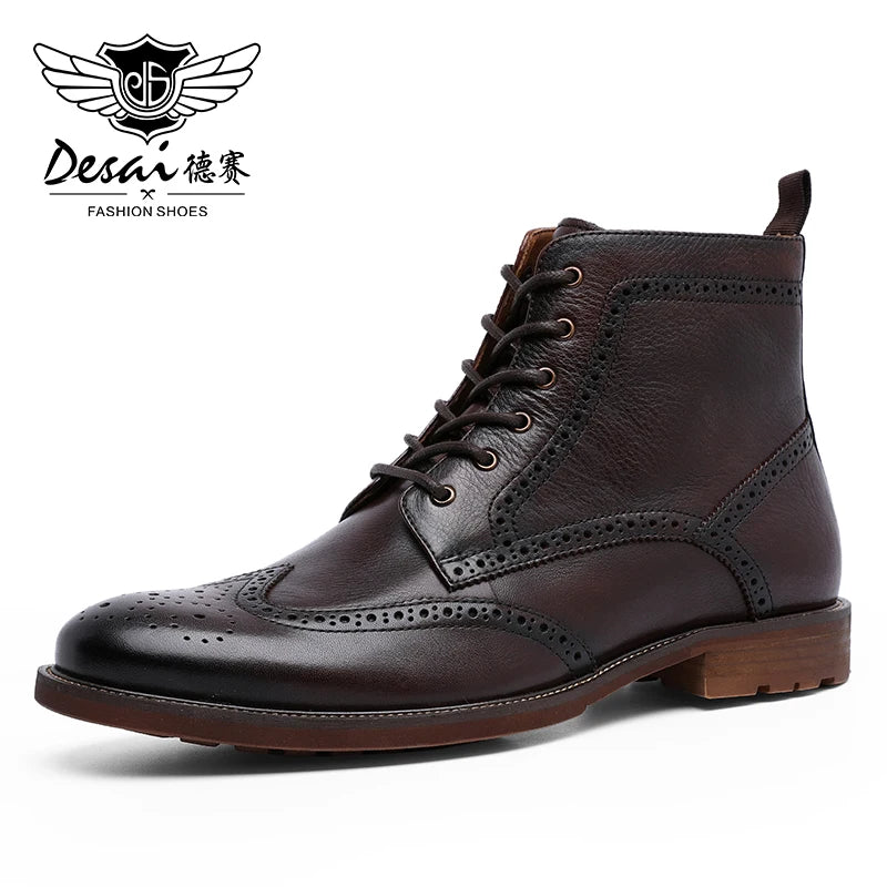 Desai Herren Brogue Lederstiefel – Fleecegefütterte Ankle Boots aus echtem Leder, modische Schnür- und Reißverschluss-Stiefel