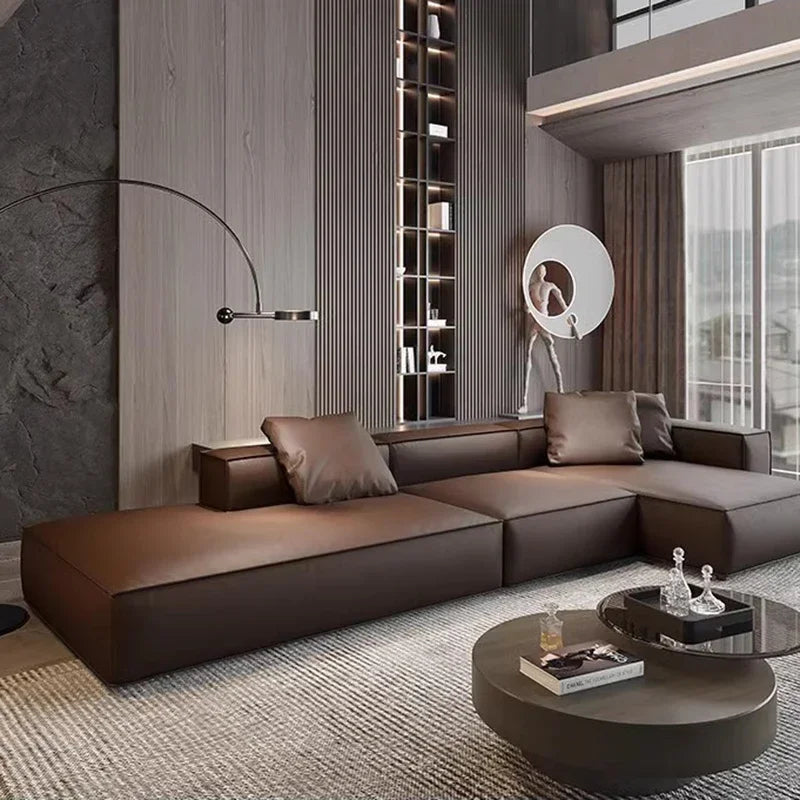 Nordisches Luxus Leder-Ecksofa im minimalistaischen Design – Designer Lounge Sofa aus Rindsleder, modernes Relax-Sofa für Wohnzimmer &amp; Salon