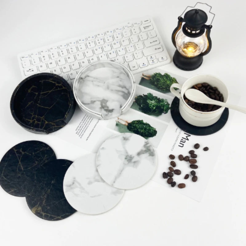 6er Set Marmor Leder Untersetzer – Doppelseitige Kunstleder Glasuntersetzer, öl- & wasserabweisend, hitzebeständig (10 cm)