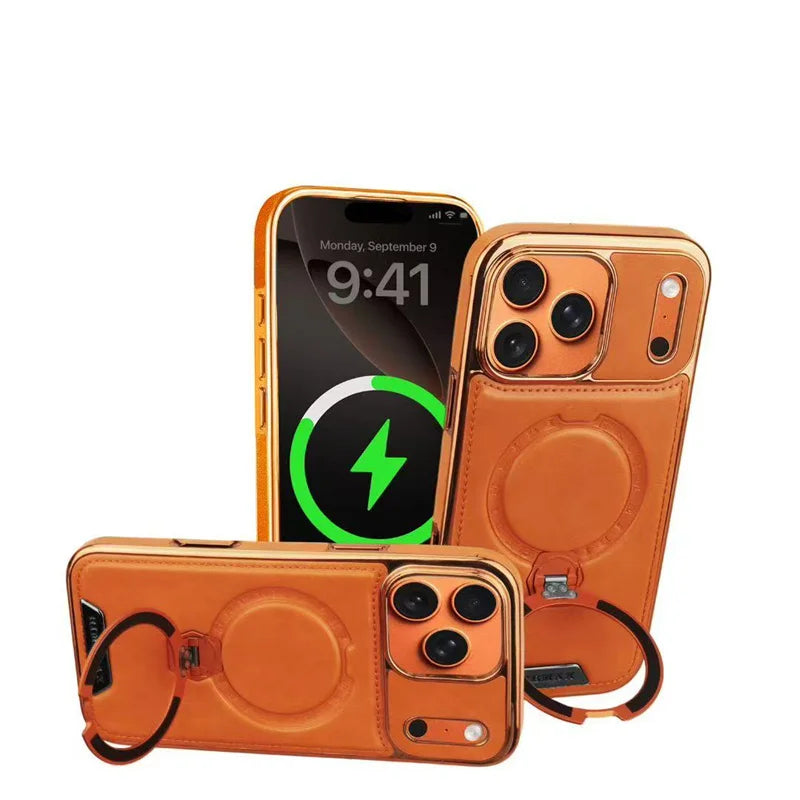 Funda de cuero magnética de lujo con soporte para iPhone 11–17 Pro Max y Plus – Funda protectora con carga inalámbrica