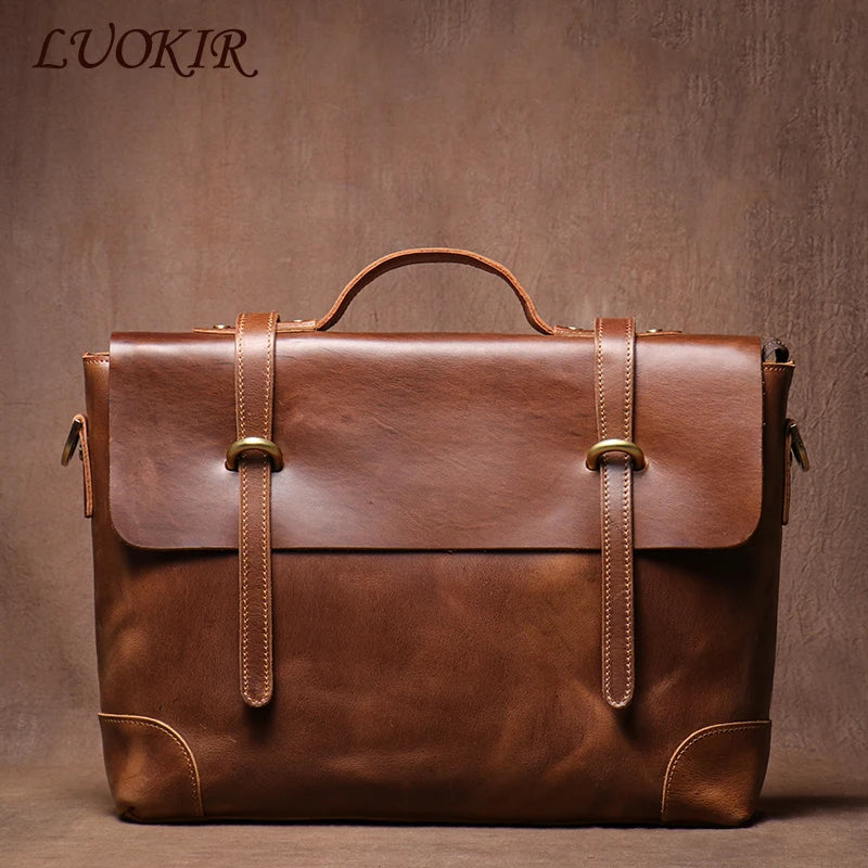 LUOKIR Luxus Herren Aktentasche aus echtem Rindsleder – Klassische Retro Leder-Briefcase im England-Stil für 15 Zoll Laptop & Business