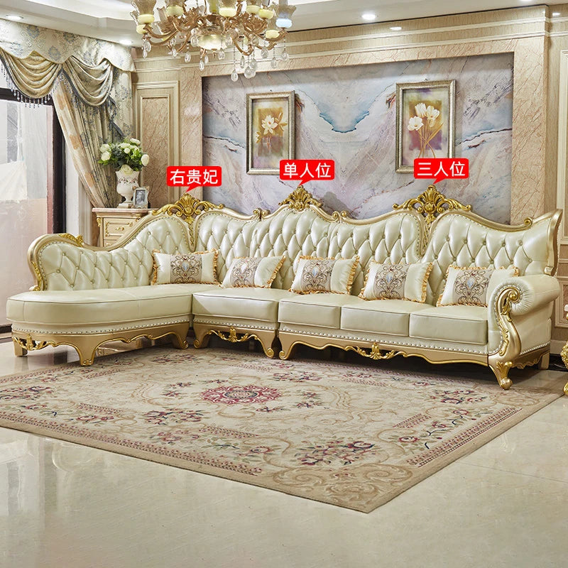 Europäisches Leder Ecksofa im französischen Stil – Massivholz Wohnzimmersofa in Champagner-Gold, L-Form Kombination