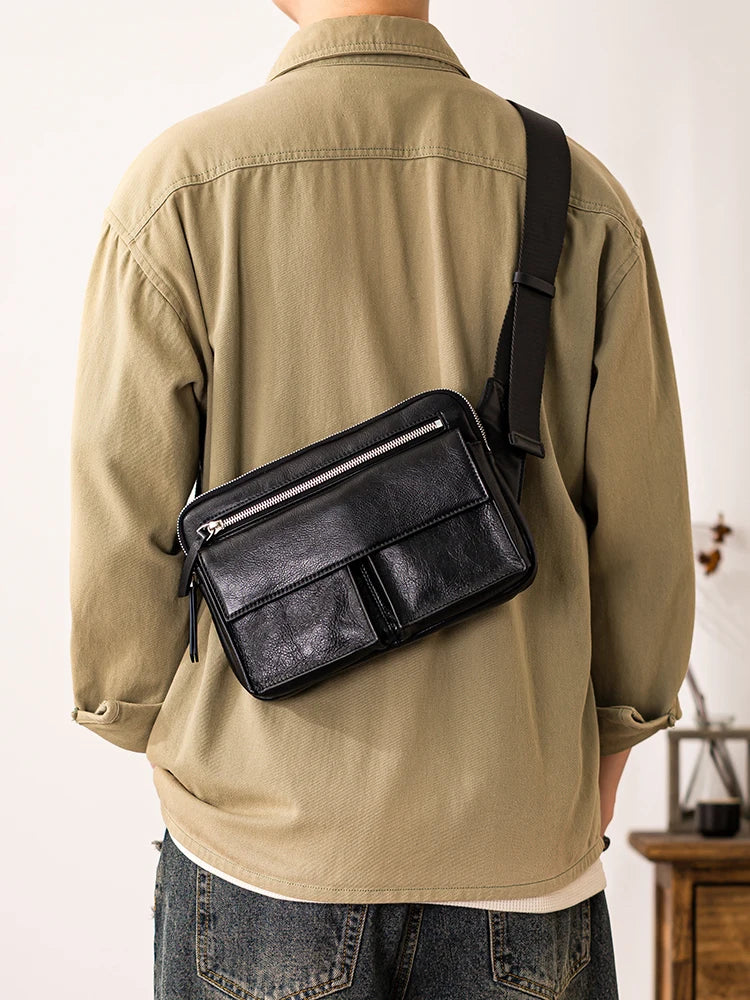 pndme Herren Leder-Messenger Bag – Handmade Cowhide Schultertasche für Arbeit, Reisen & Outdoor, Schwarz